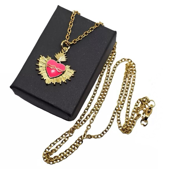 Hot Pink Sacred Heart Crown of Thorns Fiery Radiant Jesus Mary Catholic Necklace - Picture 12 of 16